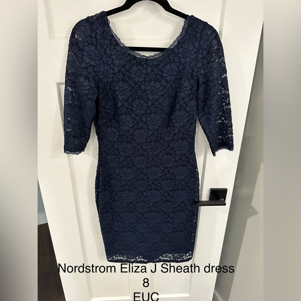 Nordstrom Rack Eliza J Sheath Dress- Navy Blue with Lace sleeves